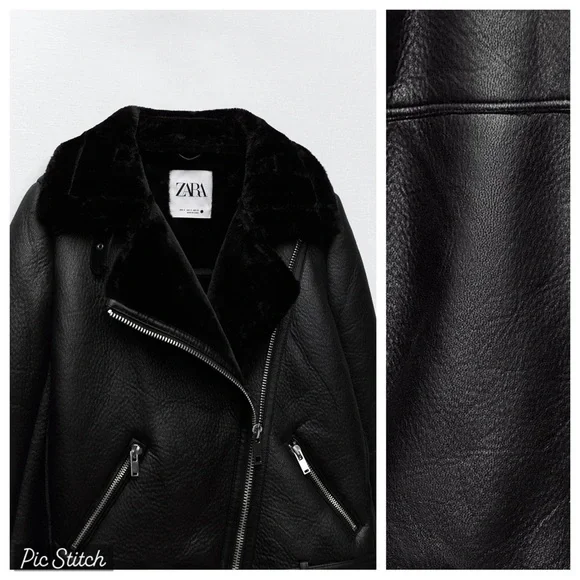 Zara Black Faux Leather Shearling Biker Jacket - Picture 6 of 16